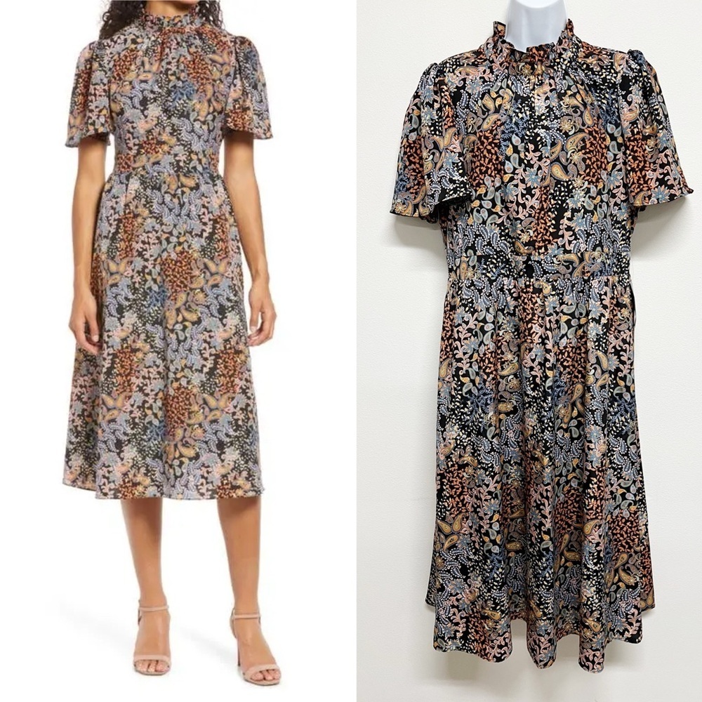 Julia Jordan Womens Multicolor Floral Mock Neck A Line Midi Dress Size 12